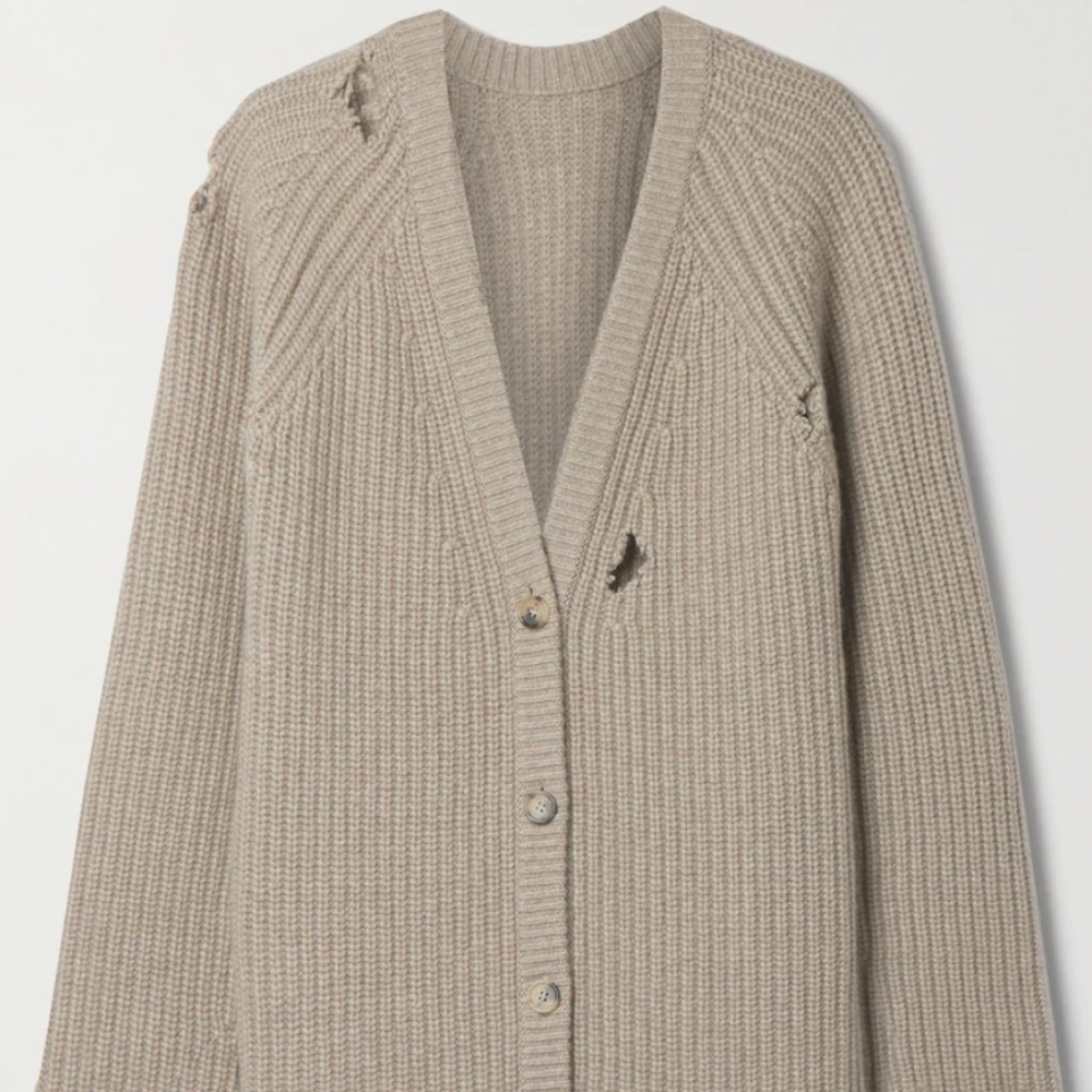 KHAITE The Rory Distressed  V Neck Cashmere Cardigan NWT Sz Large
